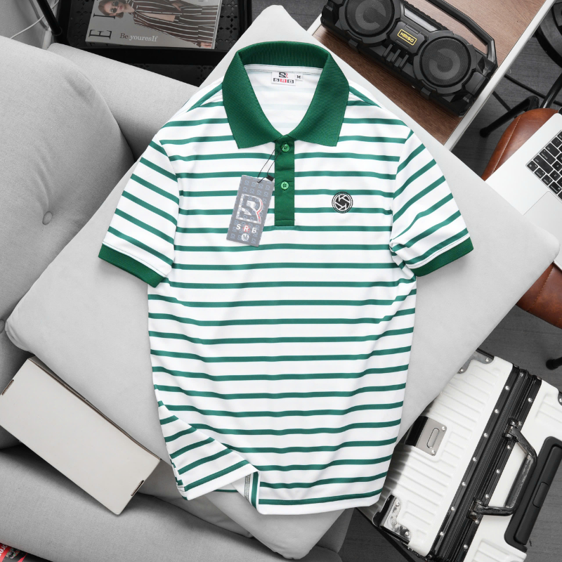 Áo Thun Polo Nam - Áo Thun Nam Phối Sọc Thêu Logo Trước Ngực Trẻ Trung Bigsize