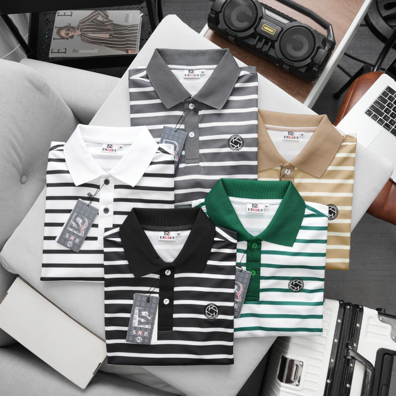 Áo Thun Polo Nam - Áo Thun Nam Phối Sọc Thêu Logo Trước Ngực Trẻ Trung Bigsize