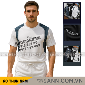 Áo Thun Nam Cổ Tròn Phối Sọc Màu & In Logo Chữ Trước Ngực Có Big Size - AB532