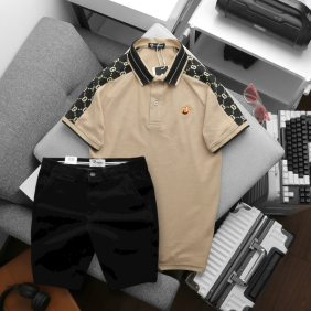 Set Bộ Nam Áo Thun Polo Logo Trước Ngực & Phối Họa Tiết Chữ G & Quần Short Kaki Bền Đẹp Big Size