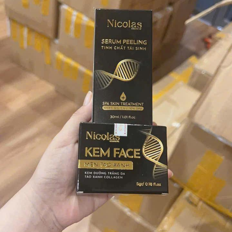 Combo Tái Sinh Nicolas - Serum Peeling 30ml & Kem Face Men Tảo Xanh Collagen 5g