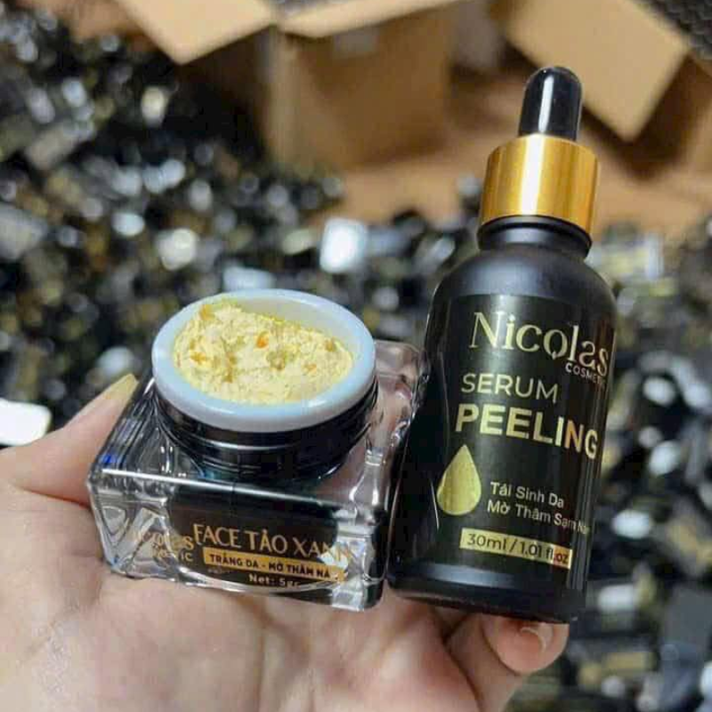 Combo Tái Sinh Nicolas - Serum Peeling 30ml & Kem Face Men Tảo Xanh Collagen 5g