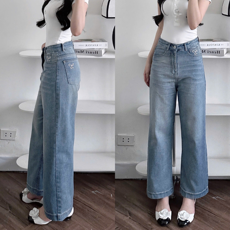 Quần Jeans Nữ Ống Rộng Vải Dày Mềm Không Co Giãn Phối Nơ Ở Túi Quần Cực Xinh Quần Jeans Nữ Ống Rộng Vải Dày Mềm Không Co Giãn Phối Nơ Ở Túi Quần Cực Xinh