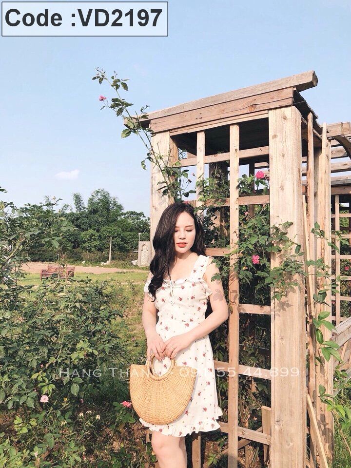 Đầm voan 2 dây kết bèo in hoa