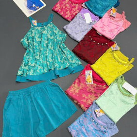 Đồ bộ nữ cổ yếm quần đùi vải gấm phối mango - DBOR0101