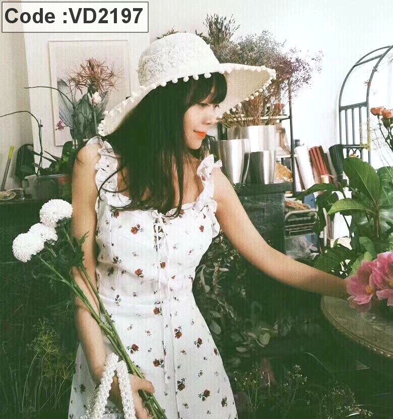Đầm voan 2 dây kết bèo in hoa