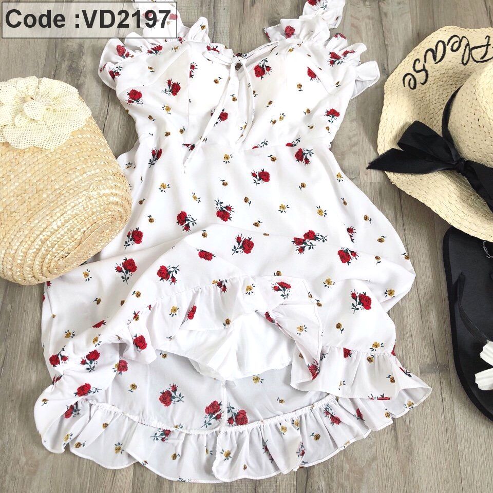 Đầm voan 2 dây kết bèo in hoa