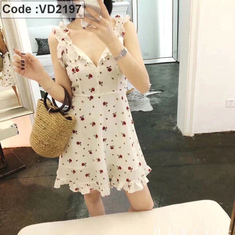 Đầm voan 2 dây kết bèo in hoa