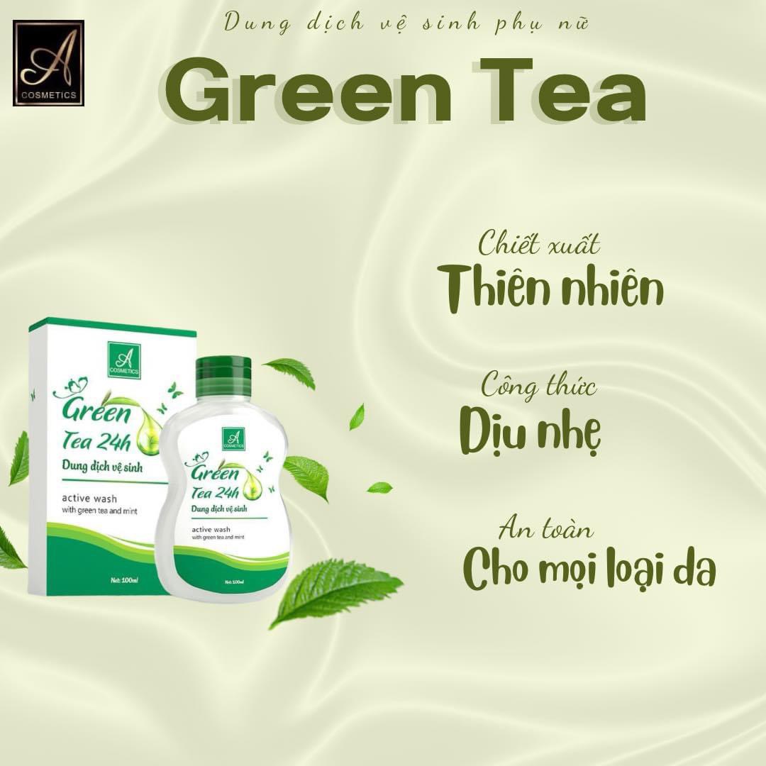  Dung dịch vệ sinh green tea 24h chứa chiết xuất từ lá trà xanh - một nguồn dưỡng chất tự nhiên giàu chất chống vi khuẩn và kháng viêm, giúp làm sạch sâu và bảo vệ vùng kín một cách hiệu quả.