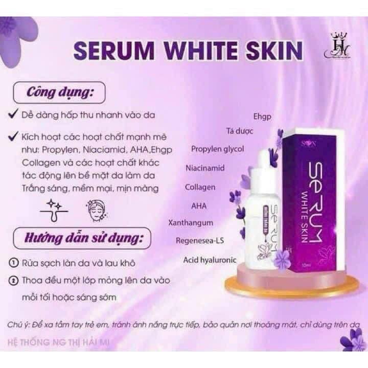  CÔNG DỤNG SERUM WHITE SK SON :  serum dưỡng trắng da dễ dàng hấp thu nhanh vào da, làm kích hoạt chất mạnh mẽ như propylen glycol : niacinamid; xanthagum; regenessea-LS , Acid hyaluronic; ehgp ; AHA Collagen và các hoạt chất khác có hiệu quả trong việc tác đông lên lớp bề mặt da giúp cho làn da trắng sáng nhanh, mềm mại, mịn màng hơn.