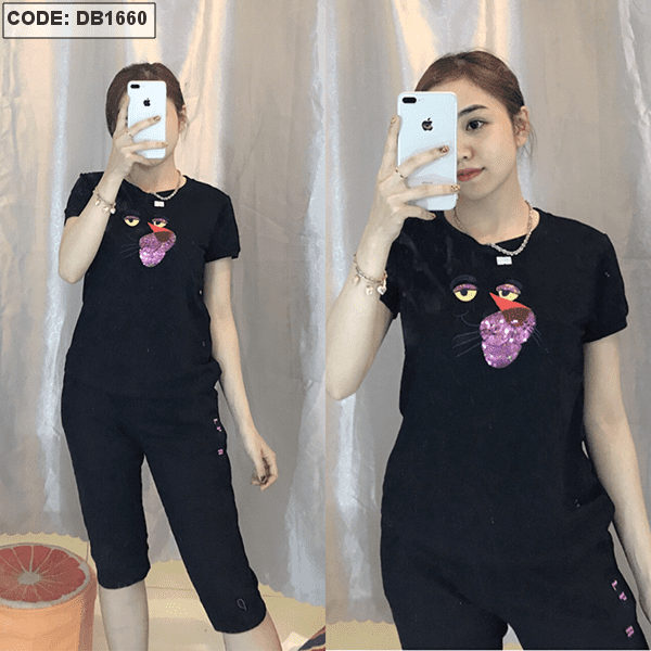 Set nữ thun lửng đính kim sa con báo
