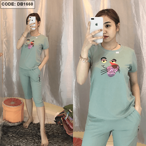 Set nữ thun lửng đính kim sa con báo