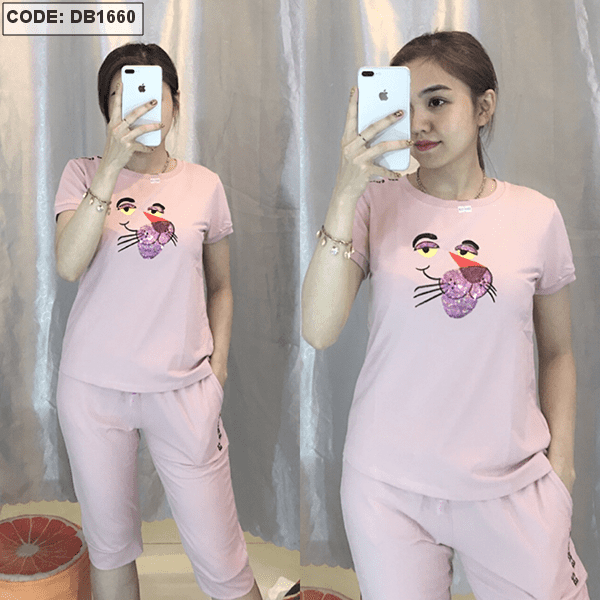 Set nữ thun lửng đính kim sa con báo