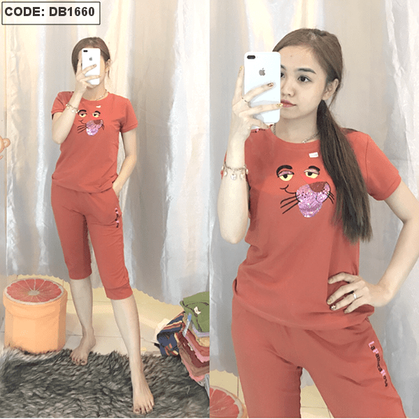 Set nữ thun lửng đính kim sa con báo