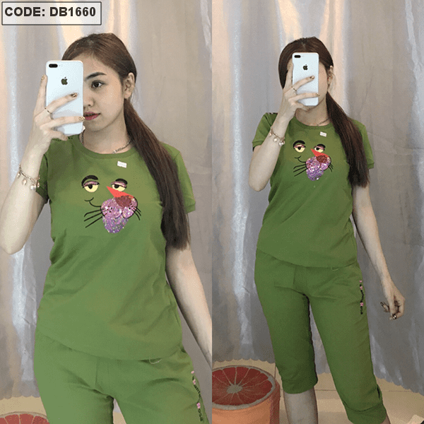 Set nữ thun lửng đính kim sa con báo