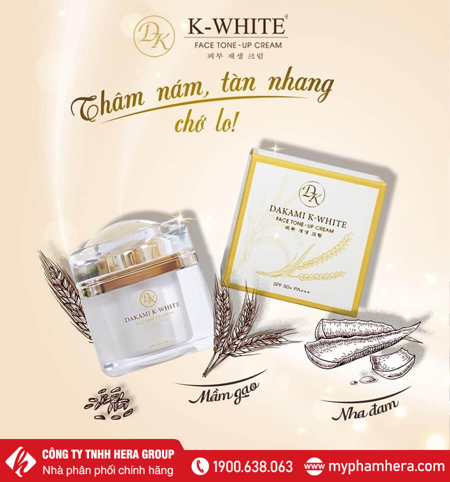 Kem Dakami K-White SPF 50+ PA+++ giúp làm mờ các vết nám tàn nhang  đốm nâu và sắc tố đen trên da