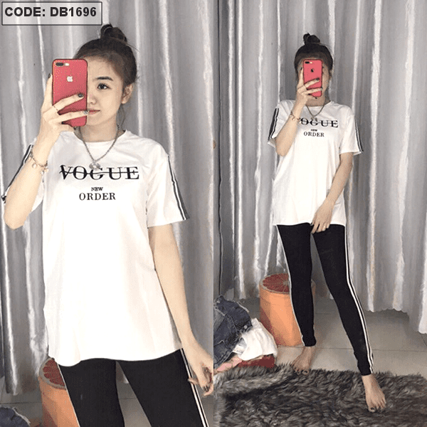 Đồ bộ thun áothêu xẻ tà sọc vai quần dài