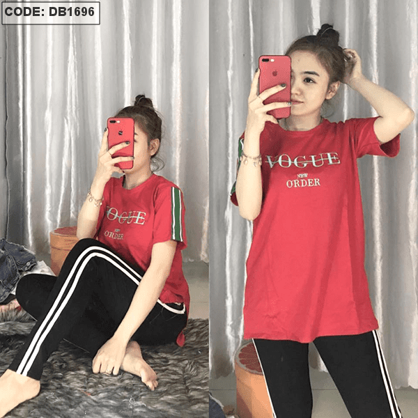 Đồ bộ thun áothêu xẻ tà sọc vai quần dài