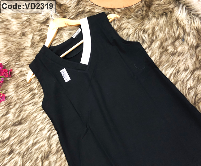 Váy suông cotton kẻ đen trắng Đầm thun tay lỡ phối sọc cổ viền đen | Shopee  Việt Nam