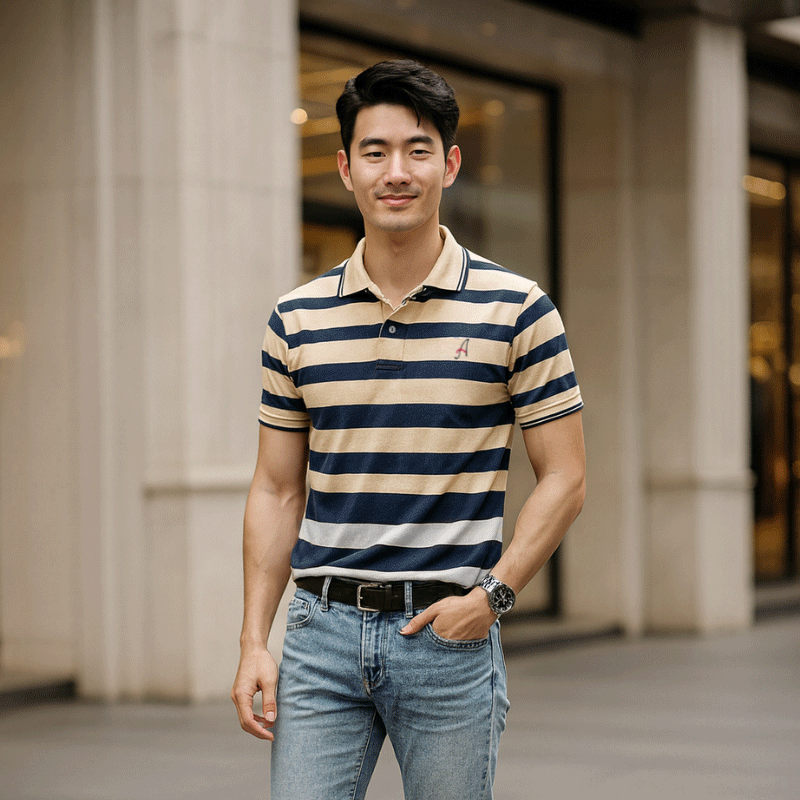 Áo cổ bẻ sọc ngang thêu chữ A( giá mới) Áo cổ bẻ sọc ngang thêu chữ A( giá mới)