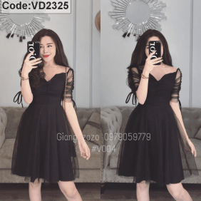 Váy đầm đen xòe tiểu thư tay rút dây phối lưới