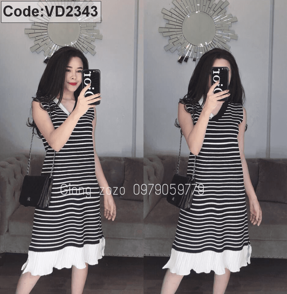 2755 - Váy đầm sọc caro xếp ly màu trắng đen