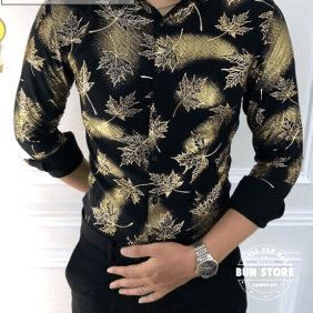 Sơ mi body tay dài in lá ánh nhũ