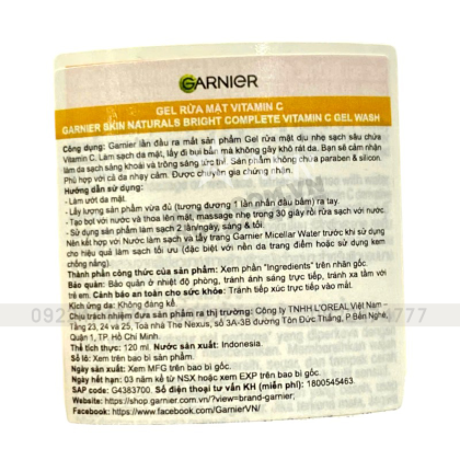 Gel Rửa Mặt Vitamin C Sạch Sâu Dịu Nhẹ Sáng Da Garnier Skin Naturals Bright Complete Vitamin C Gel Wash 120ml