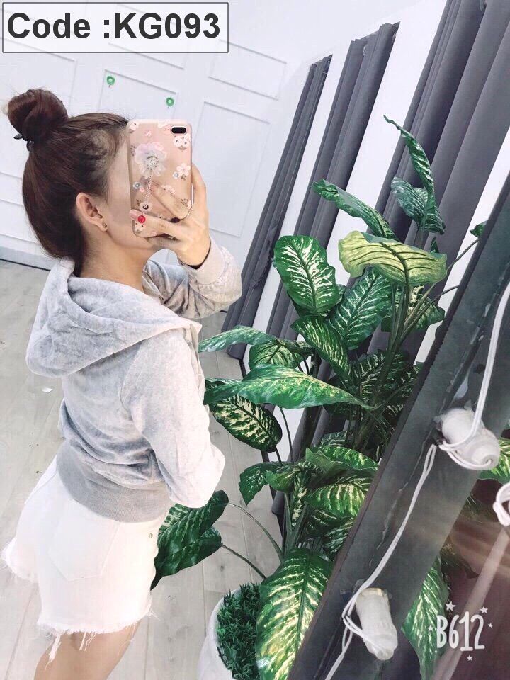 Áo khoác nữ nhung trơn tay dài phối nón