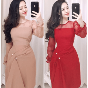 Đầm vải cát nhật tay phối voan đính ngọc