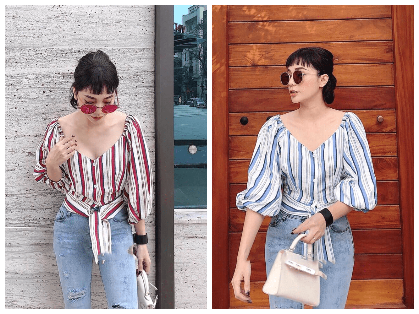 Sỉ áo sọc tay phồng cổ tim Áo sọc tay phồng cổ tim