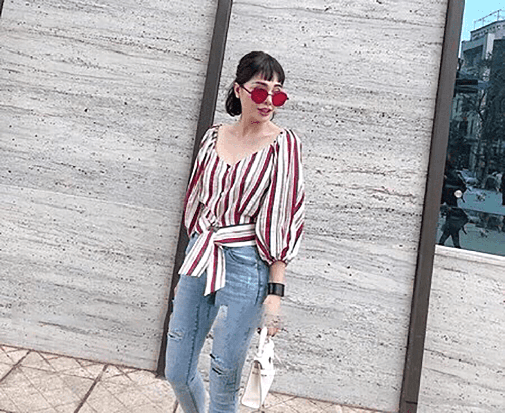 Sỉ áo sọc tay phồng cổ tim Áo sọc tay phồng cổ tim