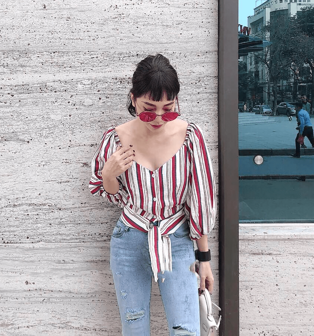 Sỉ áo sọc tay phồng cổ tim Áo sọc tay phồng cổ tim