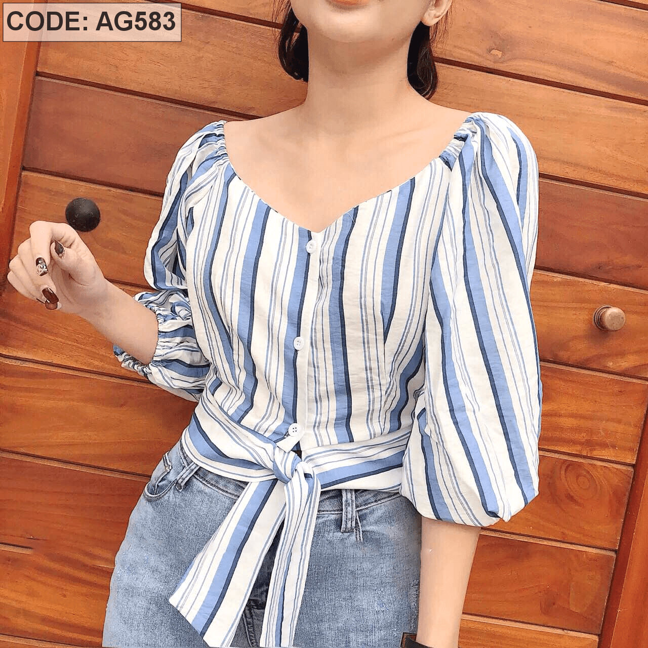 Sỉ áo sọc tay phồng cổ tim Áo sọc tay phồng cổ tim