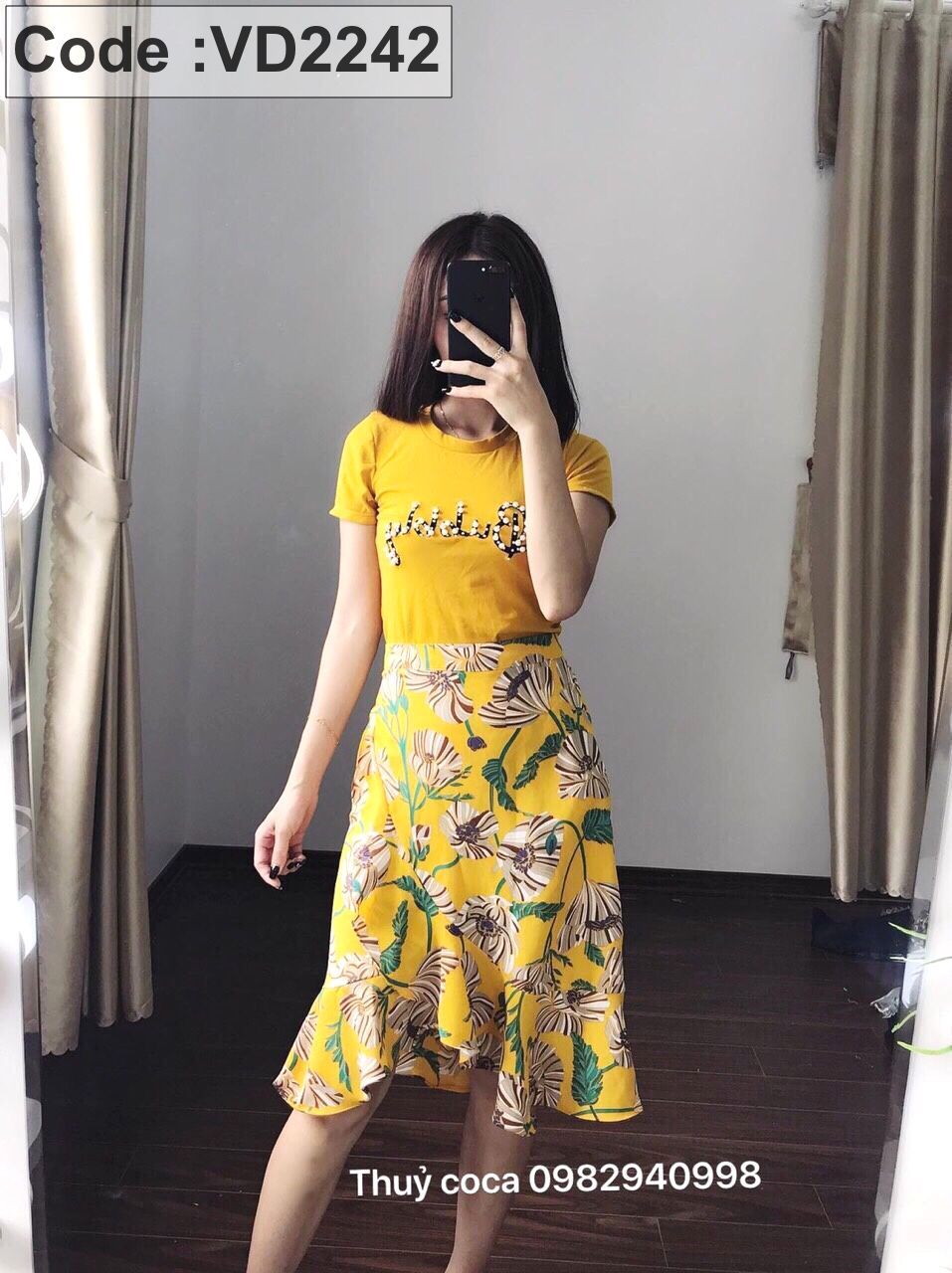Váy may xếp nếp với chân váy nhiều tầng - Màu vàng/Hoa - Ladies | H&M VN