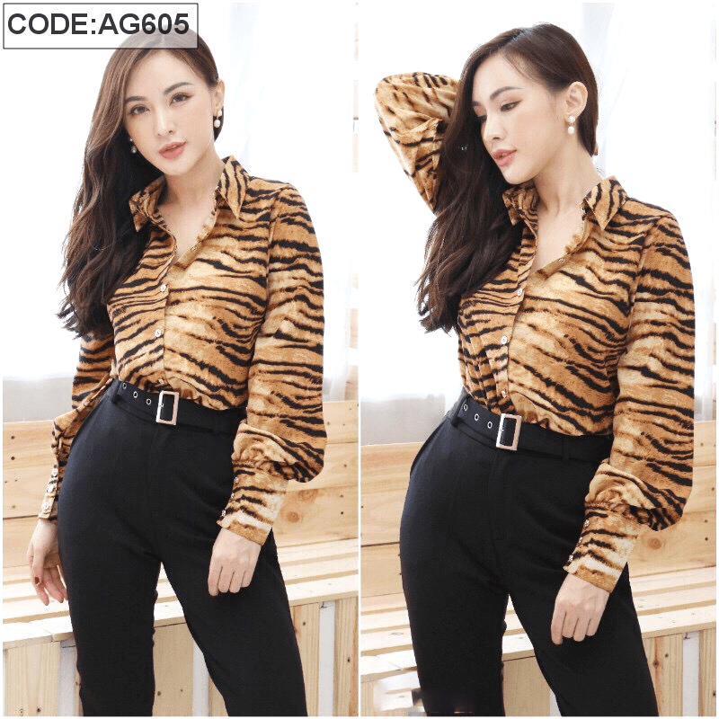 Xưởng sỉ sơ mi voan tay phồng họa tiết beo Sơ mi voan tay phồng họa tiết beo