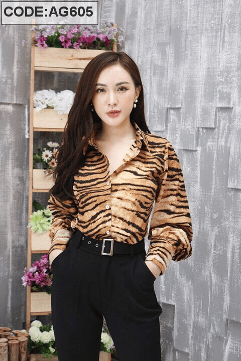 Xưởng sỉ sơ mi voan tay phồng họa tiết beo Sơ mi voan tay phồng họa tiết beo