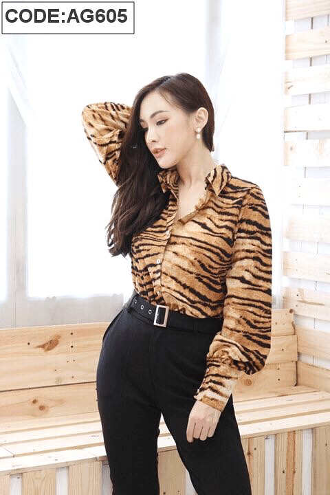 Xưởng sỉ sơ mi voan tay phồng họa tiết beo Sơ mi voan tay phồng họa tiết beo
