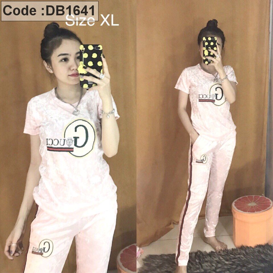 Set nhung quần dài tay ngắn viền sọc