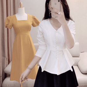 Set bộ áo trắng cổ tim đóng nút bọc kèm chân váy