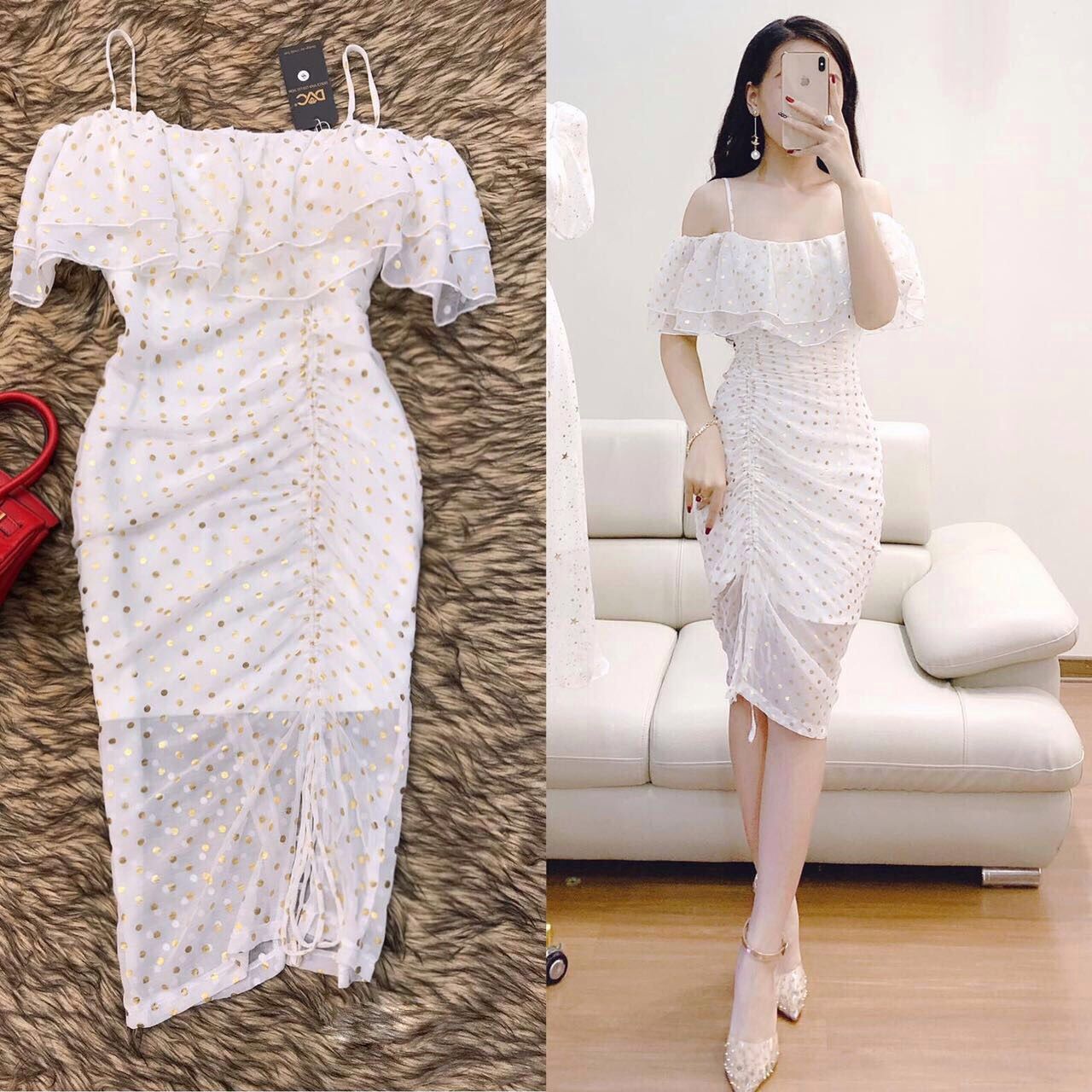 Váy body ren nhung trễ vai nơ ngực dáng dài siêu xinh | Shopee Việt Nam