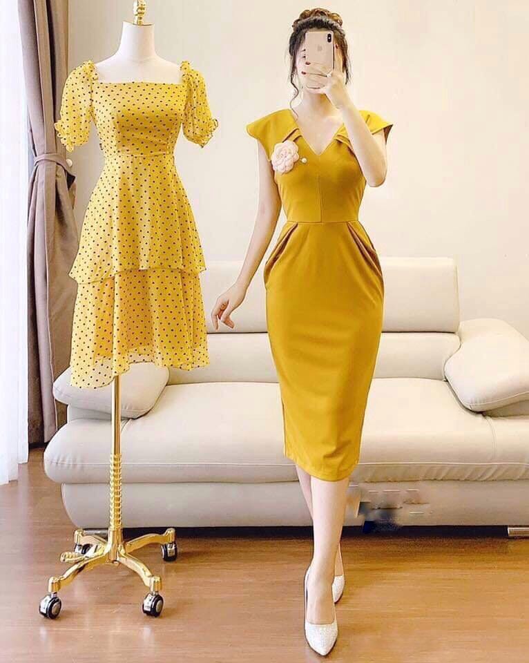 Đầm Quỳnh Anh Luxury Fashion Váy Đầm Suông 3D Tone Vàng Thổ Cẩm Cổ Tim Lụa  Vân Pháp Cao Cấp Mabel Dress -