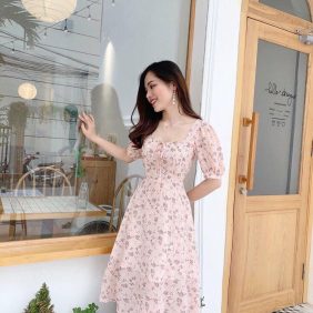 Đầm voan hồng hoa nhí tay phồng cột nơ ngực