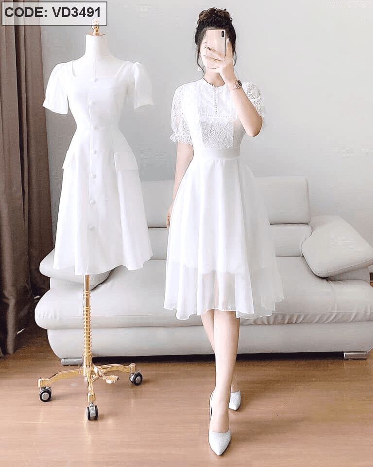 Đầm xòe trắng dự tiệc 2 dây cổ U dễ thương - DN256 - AloraShop21