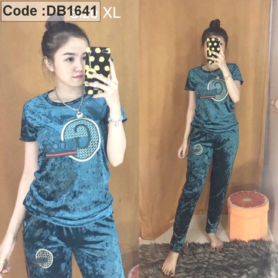 Set nhung quần dài tay ngắn viền sọc