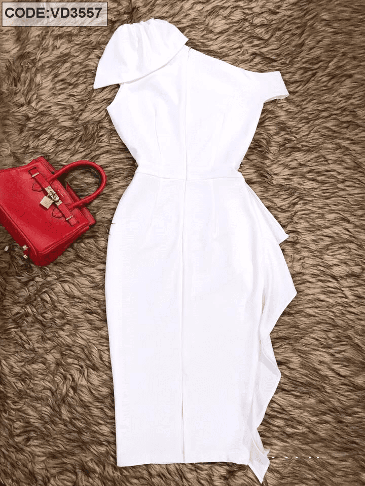 Đầm dạ hội trắng trễ vai thiết kế xẻ đùi cao sang trọng - D587