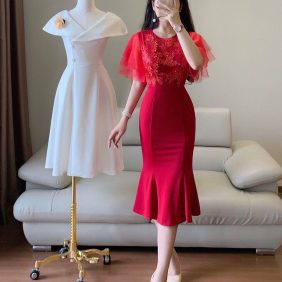 Đầm body đỏ đuôi cá ren thêu tay phối lưới giá sỉ