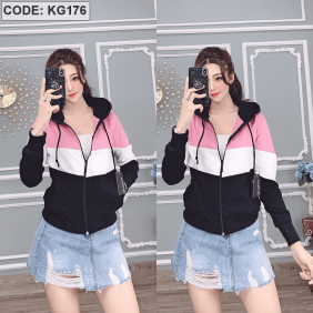 Áo khoác nữ phối màu có nón giá sỉ