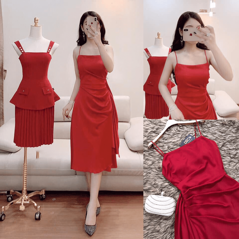 Đầm đỏ 2 dây bèo eo vải lụa - ANN.COM.VN
