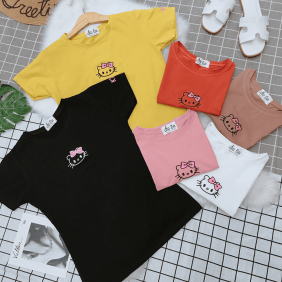Áo thun nữ cổ tròn thêu Kitty